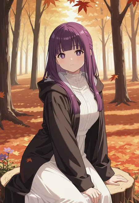 masterpiece, best quality, 1girl, solo, purple hair, long hair, blunt bangs, , outdoors, forest, nature, tree, autumn, autumn leaves, sitting, from side, purple eyes, bright pupils, FernCasual, black robe, hood down, frilled collar, striped dress, white dress, open robe, grass, flower, tree stump, looking at viewer, arm support, closed mouth