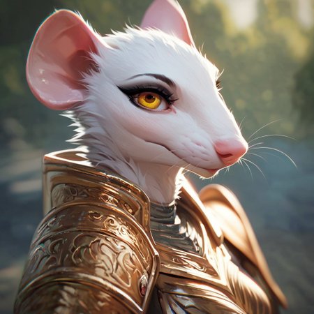 (((beautiful, high quality))), upper Body, score_9, score_8_up, score_7_up, 
ratfolk, furry rat, 1girl, white fur, yellow eyes, armor,
looking at the viewer, posing, blurred background,