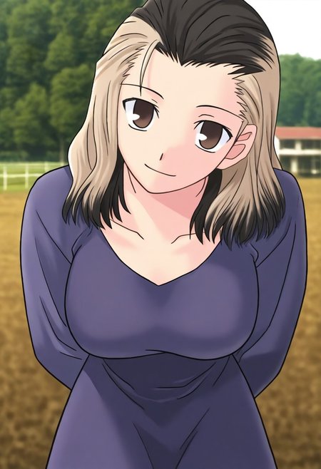masterpiece, best quality, <lora:Tsukihime NXL:1>,solo,masterpiece, best quality, 
1girl, female focus, large breasts,  solo, brown eyes, thin brown streaks in hair, black hair, thin blonde streaks in hair, multi-colored hair, medium hair,wavy hair, hair part, side part, hair slicked back, small mouth, short nose, small nose, cute face, soft hair,
outdoor, farm, sunny day, head tilt, hands behind back, leaning forward, quarter view,  innocent smile, cheerful feeling, feminine, girlish, cute