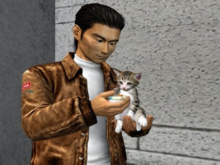 5henmuestyle, a man in a jacket is feeding a kitten  <lora:Shenmue:1>