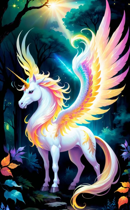 zoo of mythical creatures, dragon, unicorn, phoenix, griffon, luminous, ethereal