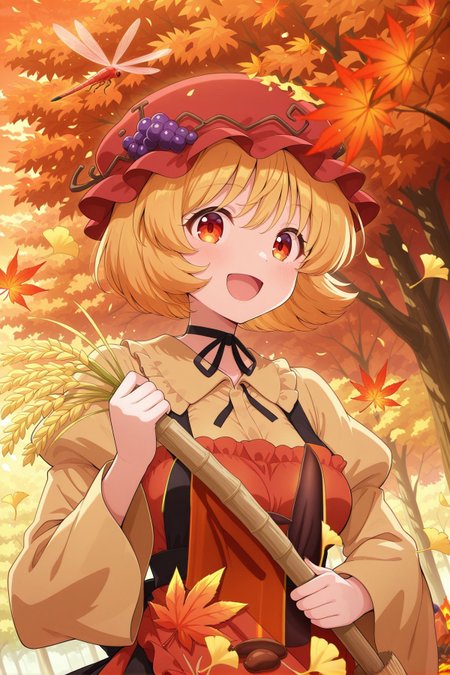absurdres, highres, masterpiece, best quality, amazing quality, official anime artwork, screencap, anime screencap, 
acorn, autumn, autumn leaves, bangs, black skirt, blonde hair, blurry, blurry foreground, broom, calendar \(medium\), campfire, day, depth of field, dragonfly, falling leaves, food, forest, ginkgo leaf, grapes, hat, hauchiwa, holding wheat, holding leaf, leaf, leaf background, leaf hair ornament, leaf on head, leaf print, leaves in wind, long sleeves, looking at viewer, maple leaf, nature, open mouth, orange sky, orange theme, outdoors, tree, upper body, smile, 
 <lora:Aki-Minoriko_Illustrious:1> aki minoriko, 1girl, yellow eyes, blonde hair, short hair, medium breasts,, red hat, mob cap, grape hat ornament, black neck ribbon, yellow shirt, long sleeves, wide sleeves, juliet sleeves, collared shirt, black skirt, petticoat, frilled apron, red apron,