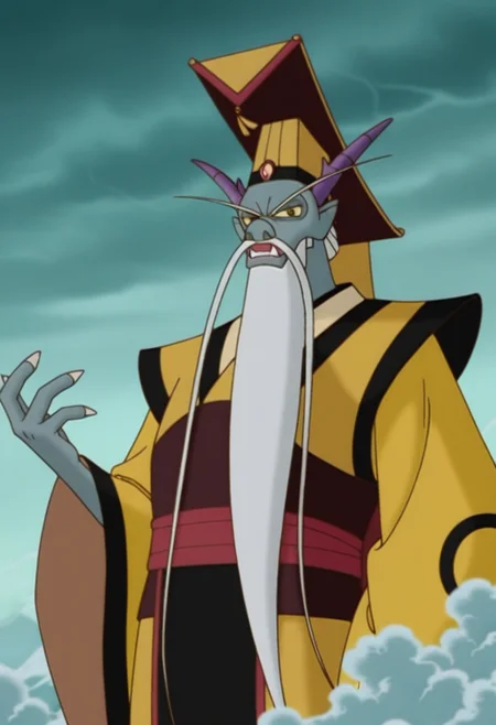 1boy, male focus, upper body, looking at viewer, storm, above clouds, serious,
BREAK
donghailongwang, old, eastern dragon, furry, blue skin, purple horns, yellow eyes, white hair, facial hair, very long beard, very long mustache, very long eyebrows, whiskers, fangs, claws,
BREAK
chinese clothes, ceremonial hat, chinese hat, hat jewel, yellow robe, black trim, wide sleeves, long sleeves, red cape, red sash, front cloth,
BREAK
best quality, masterpiece, very aesthetic, absurdres, highest detailed, very awa, anime screenshot, <lora:Donghailongwang_from_The_Legend_Of_Nezha_v1.0:1>