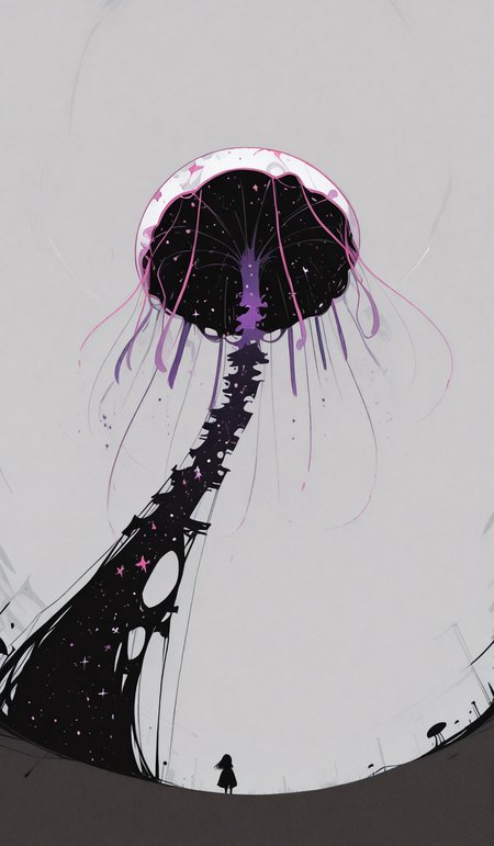interdimensional_glitch AND sentient_ai_virus AND cosmic_jellyfish, low angle shot,Fisheye Perspective,Motion Blur,grey background, [minimalism:0.9], [outline:0.6],  masterpiece, best quality, very aesthetic,