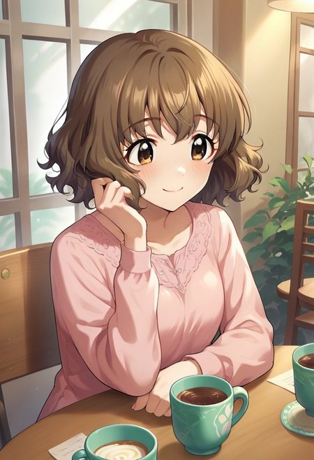 score_9, score_8_up, score_7_up, source_anime,namiki meiko, brown hair, brown eyes, short hair, 1girl, solo focus, wavy hair, sitting, jewelry, smile, cup, pink shirt, table, blush