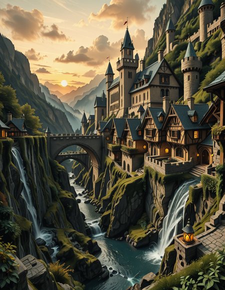 A breathtaking medieval fantasy city nestled in a lush valley, surrounded by towering mountains and dense forests. A grand castle with multiple towers and turrets stands atop a hill, overlooking the town below. The city consists of charming half-timbered houses with glowing windows, perched on rocky cliffs and connected by stone bridges over cascading waterfalls. The river flows through the village, reflecting the warm golden lights of lanterns and torches. Ivy and moss grow over the stone walls, adding to the enchanted, ancient atmosphere. The background features misty mountains with additional fortresses and watchtowers, partially hidden by low-hanging clouds. The sky is illuminated by a soft, warm sunset, casting a golden glow on the scenery, creating a perfect blend of realism and fantasy. Highly detailed, cinematic, and immersive, with a magical, fairy-tale ambiance.
<lora:SDXLFaeTastic2400:0.4> <lora:extremely_detailed:0.4> extremely detailed, ,medieval f4nt4sy c1ty <lora:medieval_f4nt4sy_c1ty-i:1>, Masterpiece,best quality,hi res,8k,hi res,8k,award winning,(sharp focus, intricate, highly detailed),