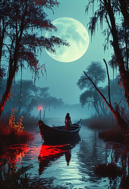 linquivera,  Ink illustration, (anime:0.5), brown tones, aged black red paper, inkpunk, moonlight,surreal, a ghost standing on a boat in swampy wetlands, (at a distance), Will-o'-the-wisp, moonlit, lonely, solitude, windy, tall trees, willows, willowy,  OverallDetail, extremely detailed, UHD,(long exposure , dystopian but extremely beautiful:1.4),<lora:- SDXL - letitflrsh_let_it_flourish_V1.0:0.8> ,<lora:Cute_Collectible:1>, <lora:XL_boss_battle:0.6>  <lora:add-detail-xl:1>,  <lora:Concept Art Twilight Style SDXL_LoRA_Pony Diffusion V6 XL:1>,  <lora:MJ52:1> As you close into the depths, the pristine white walls of an elongated Exoplanet base glisten in the moonlight. But as it enters into their exploration, Sultry boudoir photography, Portals ringed with colors extending beyond normal perception ultraviolets so deep they hurt to perceive,by Kuang Hong, Milton Glaser, Vector Art, landscape, Movie still, best quality, hair light, Slow Shutter Speed, Kodak UltraMax 400, Depth of field 270mm, digital art, rich colors