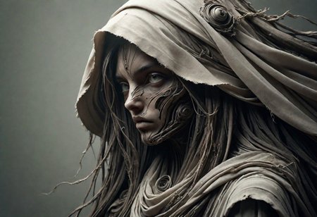 Super Closeup Portrait, Create a DARK dystopian description capturing the essence of an indian cyborg woman in a close-up photograph, featuring real human DARK green-gray eyes with an intense gaze. The subject has long flowing hair, draped in a ghostly white star wars linen cloak billowing in the wind. The face is a striking fusion of half-cyborg with intricately crafted black saphir elements, cables, wires and half-human skin, creating a mesmerizing and enigmatic presence. standing at the ocean in bright sunlight, ethereal, sunray, 
very detailed, atmospheric haze, Film grain, cinematic film still, shallow depth of field, highly detailed, high budget, cinemascope, moody, epic, OverallDetail, gorgeous, 2000s vintage RAW photo, photorealistic, candid camera, color graded cinematic, eye catchlights, atmospheric lighting, skin pores, imperfections, natural, shallow dof