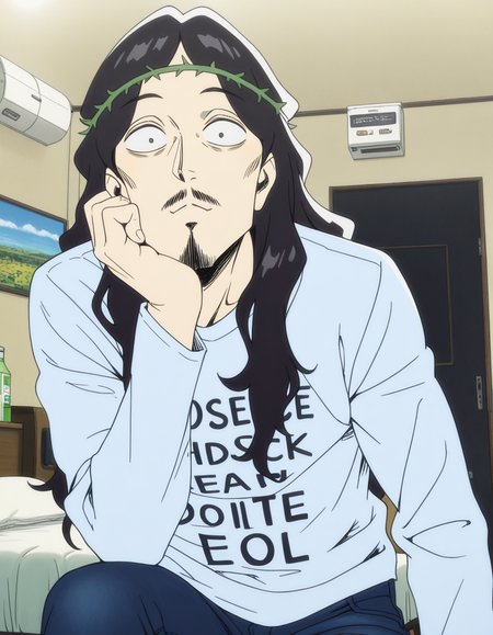 masterpiece, best quality, amazing quality,, <lora:jesus-ova-illustriousxl-lora-nochekaiser:1>, jesus, long hair, black hair, male focus, black eyes, facial hair, beard, mustache, constricted pupils, anime screencap, shirt, long sleeves, clothes writing, pants, denim, head rest, hotel room, bed, desk, mini_fridge, room_service, cowboy shot, solo, looking at viewer