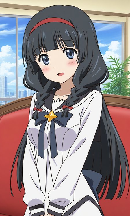 general,highres, ultra-detailed,very aesthetic,best quality ,best hands,  BREAK <lora:Itsuki_Houkago_no_Pleiades_IS:1> BREAK,
Itsuki(Pleiades), 1girl,solo, black hair, long hair, blue eyes, red hairband, twin braids, blunt bangs,breasts, anime coloring, BREAK,
 solo,  school uniform, blush, smile, cloud, sky, serafuku, upper body, long sleeves, cloudy sky, shirt, ribbon, v arms, blush, open mouth,
hotel, room, sofa,
smile,looking at viewer, cowboy_Shot,