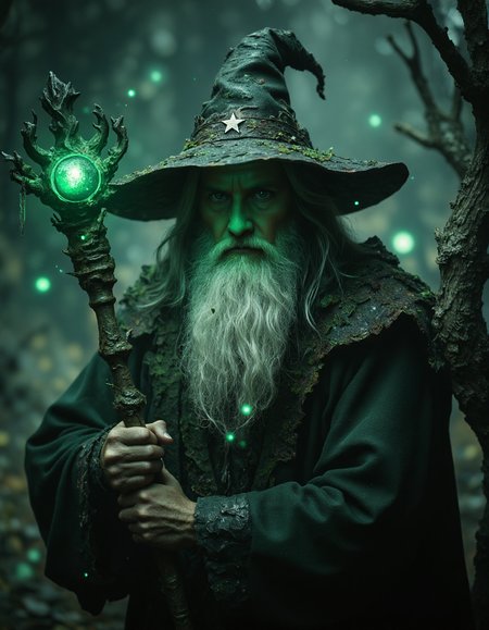 highly detailed cinematic scene, an ancient, mystical wizard stands in a dark, eerie forest. He has long white hair and a beard, wearing a tattered dark green robe and a pointed hat with a star on top. In his hand, he grips a gnarled staff covered in vines and moss, topped with a glowing green orb. His wise, powerful eyes peer from beneath his beard. The forest is filled with twisted trees, shrouded in darkness, with faint glowing orbs scattered throughout. The glowing green light from the staff contrasts sharply with the dark greens and blacks of the scene, moody, epic, film grain, <lora:Elden_Ring_-_Yoshitaka_Amano:0.6>, <lora:- Flux1 - soothing_atmo_V2.0:0.4>, <lora:aidmaMJ6.1:0.8>