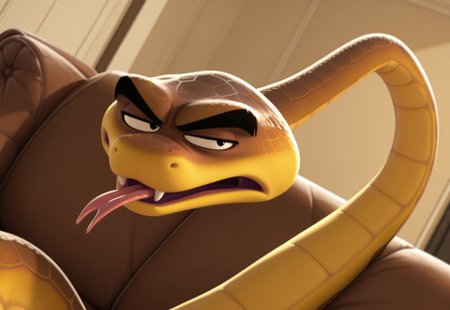 uncensored, masterpiece, best quality, highly detailed, realistic, 1boy, solo, MRSK, furry, feral, scalie, snake, black eyebrows, black eyes, brown body, brown scales, yellow body, yellow scales, two tone body, two tone scales, upper body, sitting, open mouth, fangs looking at viewer, indoors, living room, brown leather couch, on couch, detailed background, long body, dutch angle, narrowed eyes, irritated, annoyed, long body, forked tongue