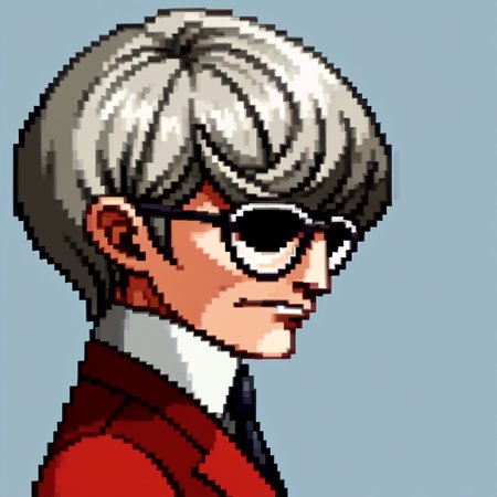 score_9, score_8_up, score_7_up, source_anime, BREAK, solo, 1boy, looking at viewer, <lora:P1-Portraits-pdxl_Fp:1>, portrait, simple background, pixel art, <lora:zs_StephenXL:1>, stephensmt, grey hair, short hair, glasses, red blazer, white shirt, black tie, red pants, covered eyes, from side,