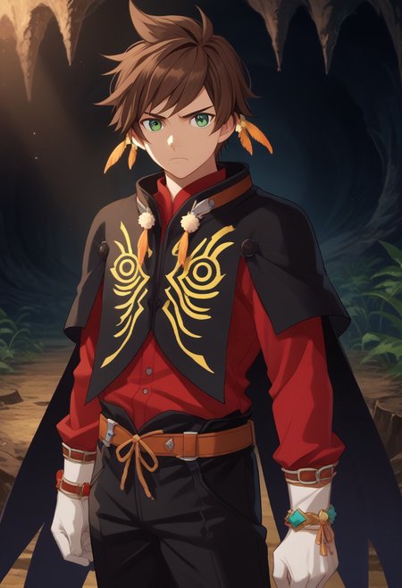 score_9, score_7_up, source_anime
sorey, 1boy, male focus, solo, green eyes, brown hair, short hair, jewelry, bracelet, earrings, feathers, feather earrings, shirt, red shirt, long sleeves, cape, black cape, gloves, white gloves, belt, pants, black pants, serious
indoor, cave,