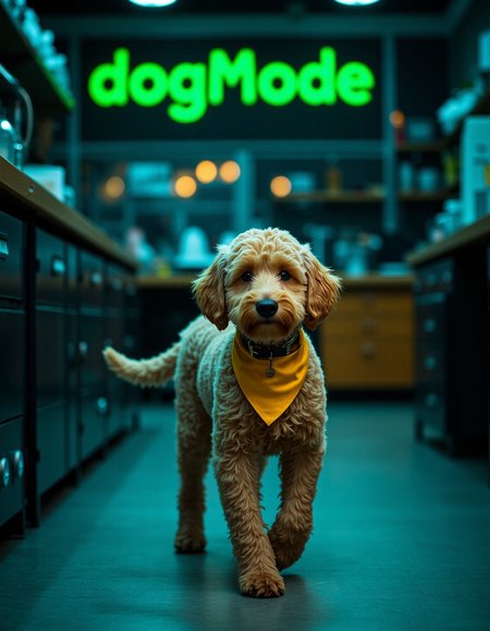 an adorable blonde labradoodle wearing a yellow bandana walking through a science lab at night. On a terminal screen the words “dogMODE” in green text glow on a black background.