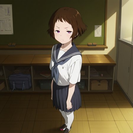 masterpiece, best quality, amazing quality, 1girl, solo, kotenbu_series_lbara_mayaka, full body, standing, school uniform, kamiyama high school uniform (hyouka), frown, half-closed eyes, brown hair, short hair, serafuku, purple eyes, classroom, looking at viewer, <lora:Ibara_Mayaka_-_Kotenbu_Series:0.7>