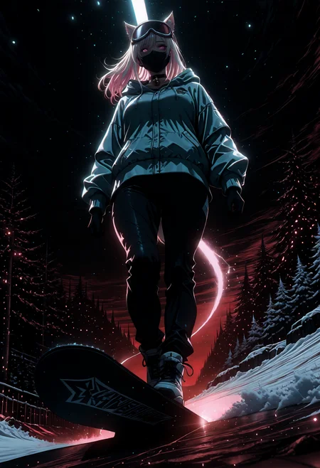 lazypos, 1girl, solo, Pink and teal cropped puffer jacket, black ski pants, oversized sweatshirt, snowboard,  goggles on head, ski resort,blizzard, storm,badass, black and white ,snowboarding,jumping <lora:dark_art_style_illustriousXL:1> dark_art_style <lora:darkness_xl_v20:0.4>  <lora:Airi_Noir:1> AiriNoir, animal ears, mouth mask, platinum blonde hair, choker, bell, pink eyes, two-tone hair    <lora:V2_yakumo_alchemy:0.8> Red theme,  glowing, glowing particles, glowing light particles, light particles