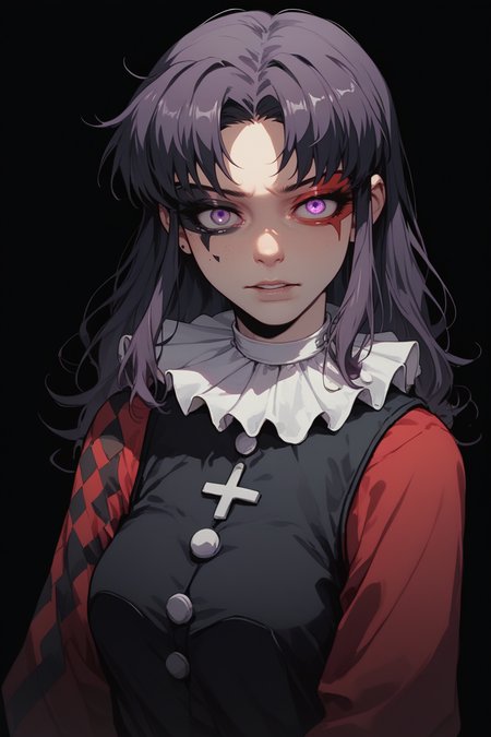 score_9, score_8_up, score_7_up, 
<lora:Muff_PDXL-000000:1>, 1girl, split-color hair, half red half black color hair, two colors rhombic makeup, solo, 
katsuragi misato, 1girl, purple eyes, neck ruff, ruffled collar, two colors argyle sleeve, red sleeve, black romper, 
cowboy shot, adult girl, 21 y.o., teen, <lora:Sinozick_Style_XL_Pony:1> sinozick style, dark theme, flat color, black background,
