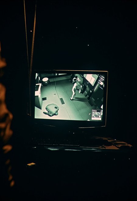 darkcomic, darkcomic, a glowing monitor showing a security camera feed, with faint static on the screen