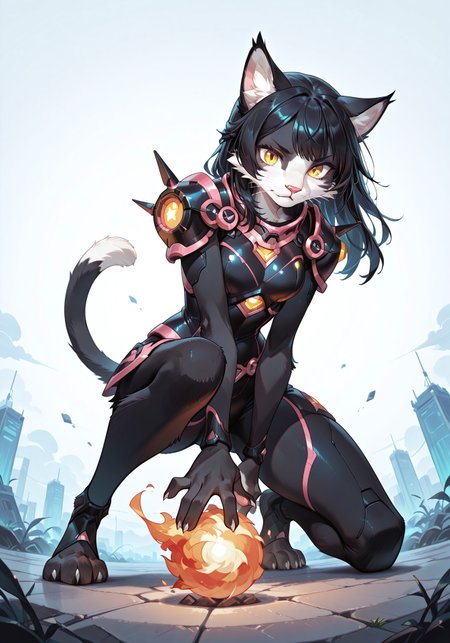 score_9, score_8_up, score_7_up, afkArenaStyle, (solo), masterpiece, best quality, very aesthetic, sfw, ITMStyle, neon theme, monochrome, (red theme:0.7, blue theme:0.7, green theme:0.7), low-angle view
BREAK mech theme, 1girl, Ember (ESO), anthro, feline, black and white fur, black hair, slim, (cyber armor), yellow eyes, cat tail, throwing fire ball, on one knee, looking down at viewer
BREAK simple background, extremely detailed, sharp focus, photorealistic detail