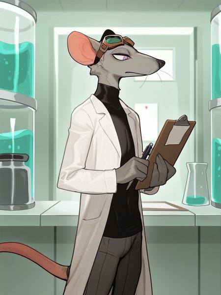 (masterpiece, best quality, very aesthetic, absurdres, artist:bebebebebe, indoors, laboratory, ) 1boy, solo, beaker, rat, skinny, slim, grey fur, bent whiskers, snout, black nose, fully clothed,  goggles on head, lab coat, holding pen, clipboard,  <lora:Bebebebebe_Style_Ill_V2:1>
