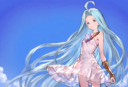 masterpiece, best quality, very aesthetic, absurdres, highly detailed, kyoto animation, 
1girl, solo, blue sky, looking at viewer, light smile, 
lyria \(granblue fantasy\), very long hair, blue hair, ahoge, skinny, small breasts, <lora:Lyria_Granblue_Fantasy_Illustrious-XL:1>