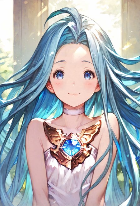 score_9, score_8_up, score_7_up,score_6_up, source_anime, best quality, aesthetic, absurdres,
1girl, solo, smile, blush, (clear eyes:1.2), looking at viewer, 
Lyria (Granblue Fantasy), very long hair, blue hair, (body_slim, skinny:1.1), white choker, blue gem, white cami-dress, bare shoulders, strapless,  miniskirt, 
(clear eyes:1.1), <lora:Lyria-Pony:0.8> <lora:IshikePony:0.3>