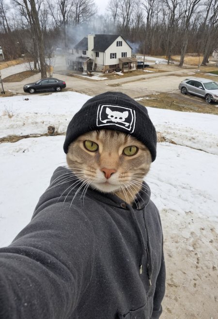 gangster cat makes selfie, looks in camera,solo,burning house on background,wears a bandanna <lora:Cats_selfie:1.0000000000000002>