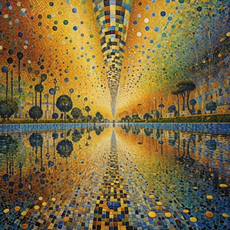 Schizoanalytic cartography, divided universe, light and dark, enigma machine, radar, style of Manet, reflection, floating, molecular, cosmic map, very vivid, lucid, lucidity, extremely pointillistic, radar, cascading streams of gold, stream of water in the middle, depth, extremely detailed, intricate, woven, reflection, extremely colorful, perfect, perfection, pointillism, extremely pointillistic, Paul Signac Style, AH_Signac