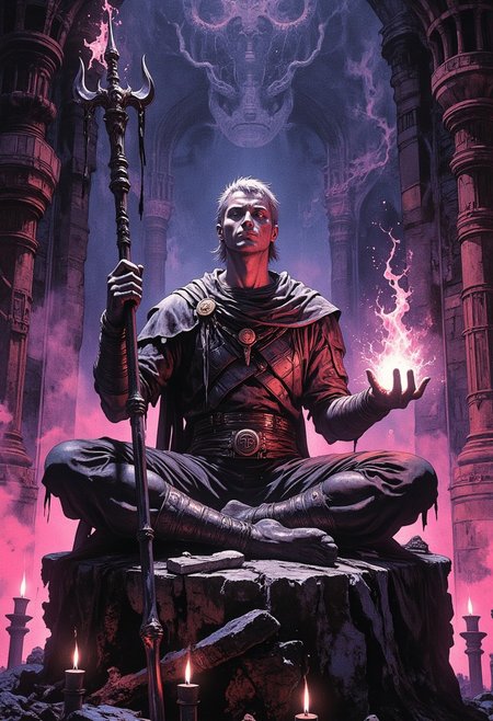 fill the scene with smoke and haze, authenticity, A mystical scene depicting a man in an ancient, fantasy style. He is sitting in a meditative pose on a stone platform in a gloomy, magically illuminated cave. the colors are dim, The background is filled with many pink and purple fire on candles that emit a soft glow. The character himself is dressed in ritual or combat armor with elements of leather and metal, holding a long staff decorated with magical symbols in one hand. His hairstyle is shaved sides with short hair on top. In his other hand, he creates magical energy that glows and sparkles. The atmosphere of the picture is filled with magic, mystery and a sense of power.
The cave looks dark, but the glow of the candles and magic adds bright accents.