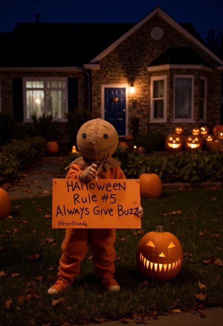<lora:Sam_Flux:1> s@mtrt Halloween night, standing in front of a decorated house, jack-o-lanterns.  Holding a big sign that says "Halloween Rule#5 Always Give Buzz"