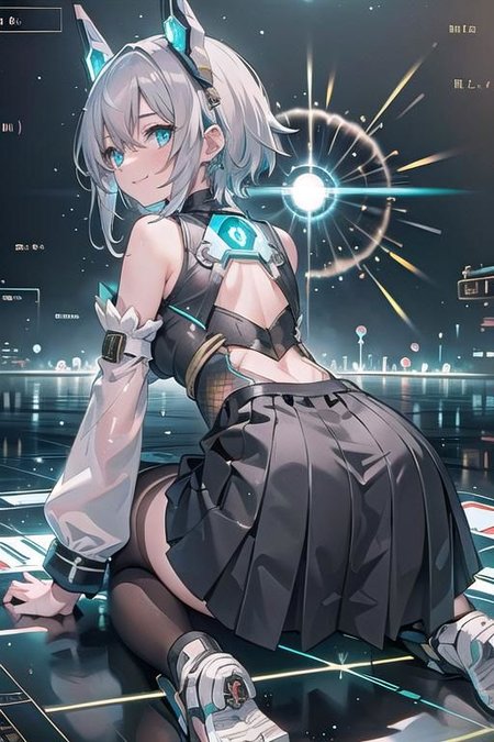 (masterpiece), (science fiction:1.4), 1girl, her back turned, on all fours, smile, silver hair, aqua eyes, headgear, long sleeves, detached sleeves, glowing energy clothing, light particles, short skirt