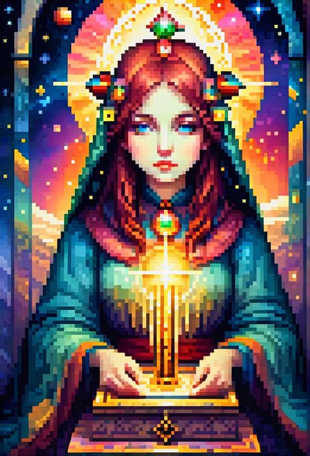 (1girl, solo,pixel art, 64 bit, 32 bit, 16 bit, , , :1.3), potable ophanim, tarot card, cubist, colourful, score_9, score_8_up, score_7_up, masterpiece, best quality, very aesthetic