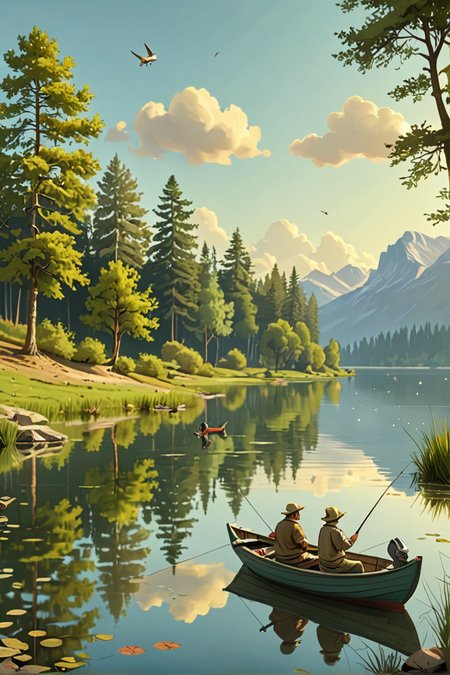 (Absurd Caricature),  A serene lake, with a couple fishing from a small boat, enjoying the peace and quiet.
