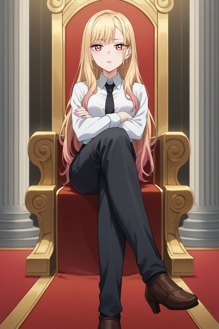 score_9, score_8_up, score_7_up, source_anime, 1girl, prefect lighting, very aesthetic, intricate details, highly detailed background, masterpiece, high quality, prefect hands, best quality, solo,
<lora:Marin_Dress_up_Darling_V1:.85>, KJOmarin, blonde hair, long hair, pink eyes, earrings, ear piercing, 
White collared shirt, black necktie, black pants, long sleeves,
sitting on throne, crossed arms, looking at viewer, parted lips, crossed legs, expressionless, 
throne, red carpet, pillars,
(Beautiful, medium Breasts:1.2), natural breasts,