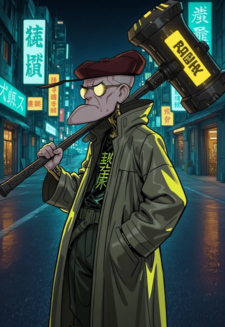 masterpiece, absurdres, highest quality, highly detailed, source_cartoon, IllusP0s, cyberpunk, solo, Eustace, Bagge, cyberpunk clothes, Green leather trenchcoat, yellow cyberpunk shirt, hat, cyberpunk glasses, grumpy expression, holding a cyberpunk hammer, cyberpunk city background, detailed background, night,