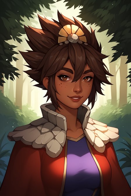 score_9, score_8_up, score_7_up, score_6_up, score_5_up, score_4_up, TaliyahLoLXL, dark skin, freckles, brown eyes, brown hair, short hair, sidelocks, hair between eyes, hair ornament, spiked hair, medium breasts, stone capelet, cape, red jacket, purple dress, solo,  front view, (portrait, upper body), solo focus, seductive smile, looking at viewer, forest, tree <lora:TaliyahLoLXL:0.9>