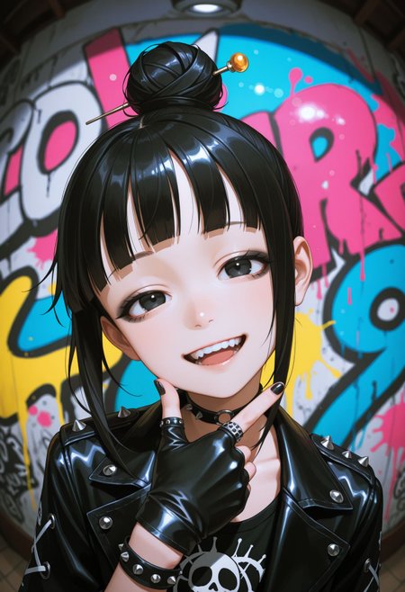 masterpiece,best quality,absurdres,highres,very aesthetic,high quality,detailed,insanely detailed,beautiful,perfect lighting, ,depth of field,blurry background,bokeh, looking at viewer, 
 black gloves, ((punk outfit,)), smile, goth eyeliner, full teeth, black nails, abstract background, abstract, colorful, paint splatter,fisheye, graffiti, head up, head tilt, finger frame, <lora:Mokuren illu:1> 1girl, black hair, black eyes, single hair bun, blunt bang, hair ornament, sidelocks, hair stick,