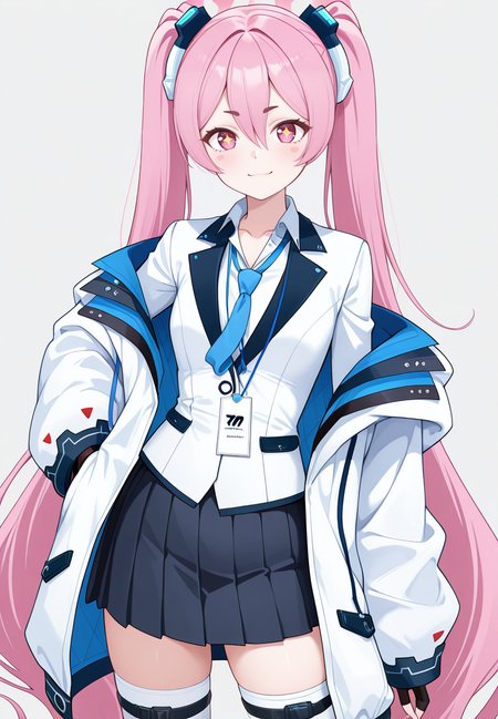 zPDXL3, score_9_up, score_8_up, score_7_up, ,Masterpiece,(perfect female body:1.2), small waist, (incredibly detailed:1.4), beautiful fingers, looking at viewer,  <lora:Kurosaki_Koyuki_-_Blue_Archive_Kaleid_Illustrious:1>kurosakikoyuki_\(arknights\), 1girl, pink hair, very long hair, twintails, pink eyes, sparkling eyes, halo, thighhighs, white thighhighs, white jacket, pleated skirt, shirt, open jacket, necktie, gloves, blazer, aqua necktie, knee pads, id card, collared shirt, facing viewer,