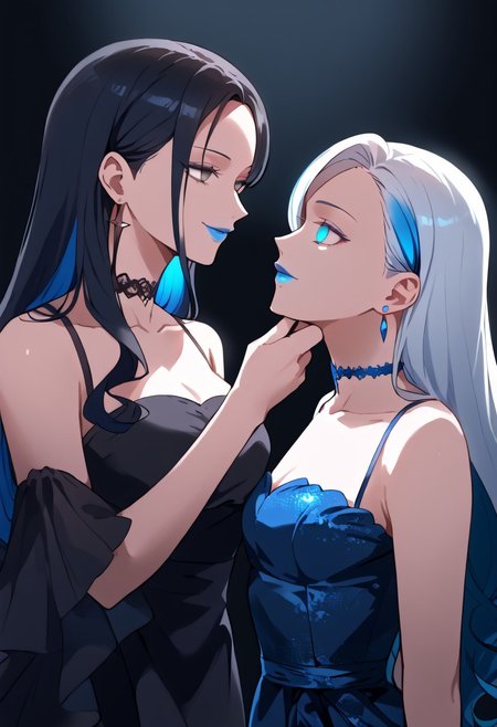 anime, two girls, adult, empty eyes, hypnotized, blank expression, expressionless, chin grab, handfixer, staring at another, looking into eyes, long hair, hair highlights, choker, sexy smile, fancy dress, lipstick, blue lipstick, glossy lips, ear ring, glowing ear ring