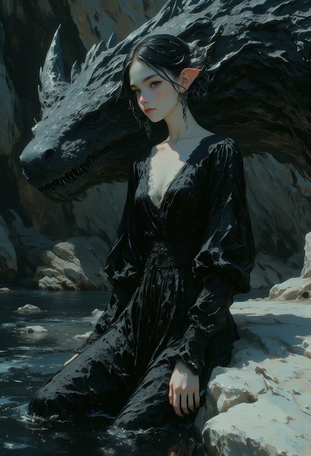 Detailed award winning scenary,Realistic ,Modern fantasy masterpiece , close up of elven queen sitting on a black dragon in a dark river , sleeping on top of a white rock, white rock in black river, perfect elf face