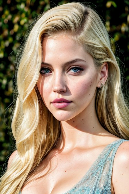 portrait photo of EvelynNobodySD15 long wavy blonde hair (pressed lips serious:1.2) beautiful woman evening dress depth of field bokeh bright morning light (masterpiece) (best quality) (detailed) (8k) (HDR) (wallpaper) (cinematic lighting) (sharp focus) (intricate)