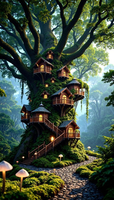 "A magical treehouse intricately built into the trunk of a massive tree in an otherworldly forest. The structure features cozy wooden cottages, glowing windows, and bridges connecting various levels. Ivy and blooming flowers cascade down the tree’s branches, illuminated by lanterns that emit a soft, golden glow. The tree’s canopy is vibrant with lush greenery, and the ground below is carpeted in moss and glowing mushrooms, creating a serene and enchanted atmosphere. The scene is alive with gentle, ethereal light and the faint hum of magical energy."
 <lora:FluxDFaeTasticDetails:0.2> <lora:aidmaHyperrealism-FLUX-v0.3:0.8>