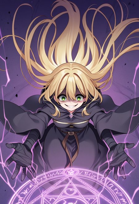 1girl, solo, chanyuusha, blonde hair, very long hair, hair down, green eyes, medium breasts, black robe, hooded robe, black bandages, bandaged hands, purple background, textured background, crazy smile, evil smile, shaded face, floating hair, outstretched_arms, glowing hands, magic circle,
