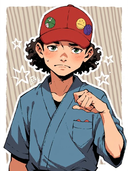 score_9, score_8up, score_7up, score_6up, score_5up, score_4up, abstract background, source_cartoon, rating_safe, BREAK
solo, 1boy, sh0b@t, baseball cap, curly hair, yukata, japanese clothing, upper body focus, BREAK
<lora:Shonen_Bat__Lil_Slugger_-_Paranoia_Agent_-_PDXL:1>