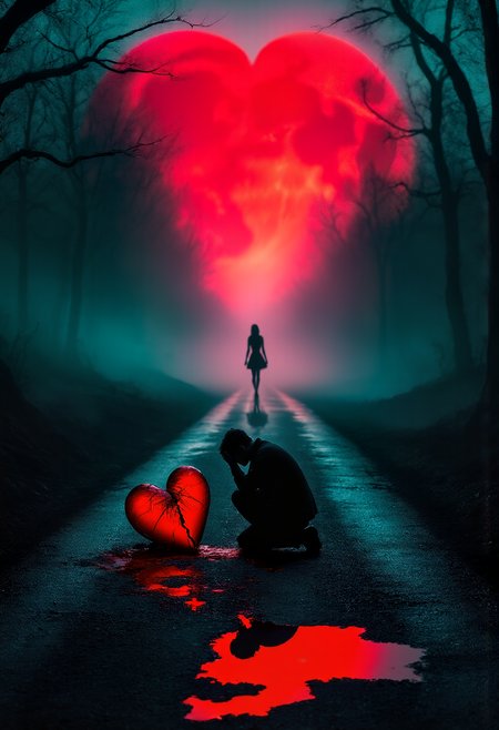 Beautifully composed image of two silhouetted figures stand out against a vibrant crimson red half moon, positioned along a long, curved, dark path stretching into a misty forest. In the foreground, a 3D heart appears that shines brightly, illuminating everything around it and that is completely split in two and rests on the road near the viewer while it bleeds. A little further away, the silhouette of a man kneeling on one knee, holding his head with both hands, with a posture full of sadness, as he faces the vanishing point. Farther away, a woman in a short, wide skirt walks away, her figure fading into the mist. The scene is a somber depiction of a painful separation: while the man remains on his knees heartbroken, the woman moves on, leaving him behind forever. The road is dark, textured gravel, slippery with moisture and puddles of water, reflecting the moon's glow in scattered puddles. A deep blue-green mist swirls among the bare trees, their jagged branches forming eerie patterns against the night sky. The color palette consists of deep teal, dark crimson and muted grays, enhancing the melancholic, film noir-inspired atmosphere of the image. The atmospheric perspective adds depth, and the figures fade as they recede, intensifying the sense of loneliness and irrevocable loss.

aidmaMJ6.1
vantablack
