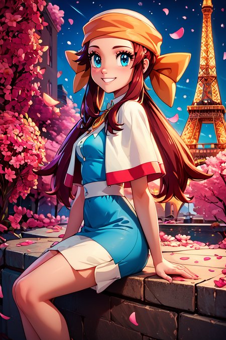 score_9, score_8_up, score_8, medium breasts, (curvy), cute, eyelashes,       BREAK, , zzMelody, twintails, dress, bandana, blue shirt, white capelet, <lora:Melody_Pokemon_PDXL:1.0>,  , BREAK,  zzEiffelTower in background, sitting, watercraft, boat, sitting on wall, side view, looking at viewer, smile,  BREAK, blooming stars, luminescent petals, otherworldly fragrance blurry background, embedding:zPDXL, Expressiveh, <lora:EiffelTowerPDXL:0.8>,  <lora:CatalystStylePDXL:0.6>,  <lora:SDXLFaeTastic2400:0.5>,  <lora:Expressive_H-000001:0.4>,