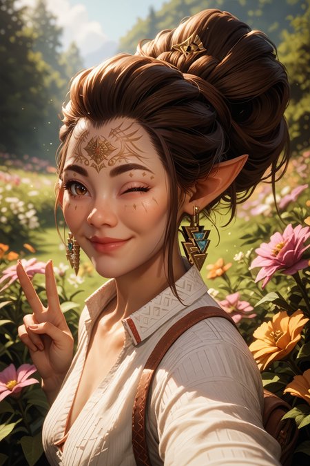 score_9, score_8_up, score_7_up, score_6_up
<lora:DVBellara:0.8>
DVBellara, 1girl, brown hair, hair updo, brown eyes, facial marks, pointy ears, earring, looking at viewer, from side, wink, happy, smile, closed mouth, peace sign, flowers, meadow