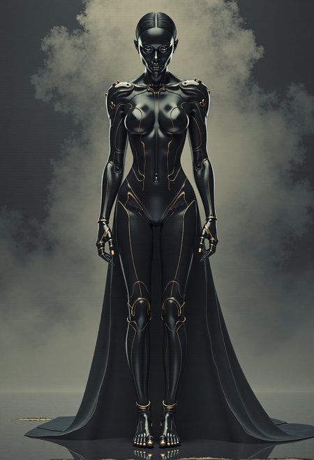 Ghost in the shell, in a world where technology meets dystopia, a black female android form stands motionless as an evidence to innovation, blending strength and elegance in a cyberpunk realm. The head slightly raised, emphasizing the calm and relaxed posture, enveloped in the midst of a monocromatic misty void.
full-length body shot, long shot, realistic feminine, golden details, carbon fibre, matte darkcoal, dark and cool tones, Octane rendering, raytracing, lumen, high-contrast effects, highly detailed.