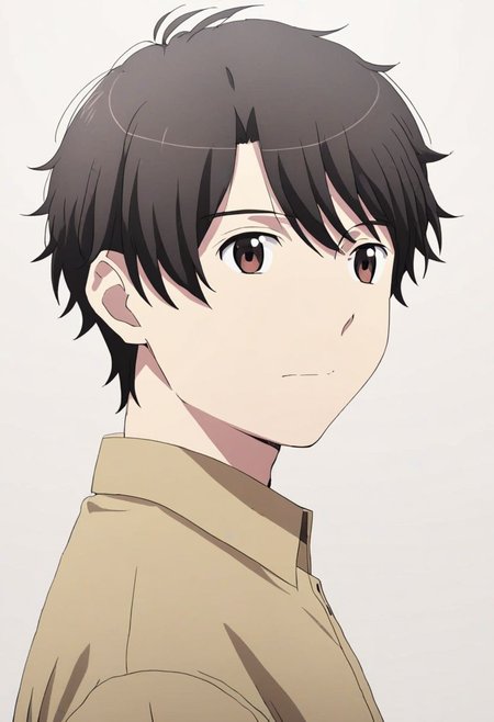 high resolution, solo, best quality, 1Boy, Inaho Kaizuka, Black Hair, Brown Eyes, potrait, dark shirt, looking at viewer, focused gaze forward, simple background, straight body, upper body, head upright, happiness, OverallDetail